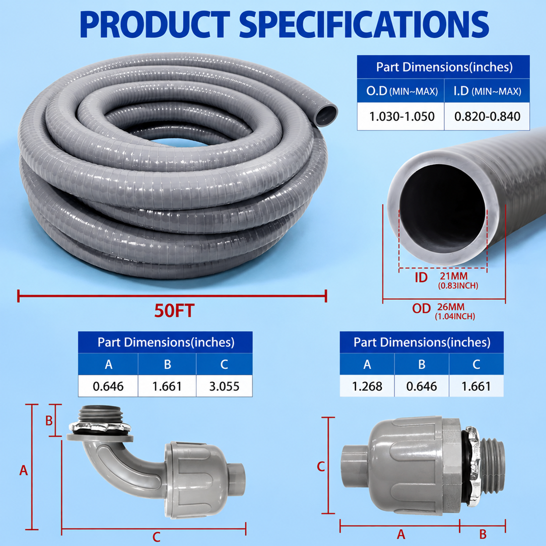 50-foot liquid-tight flexible conduit product specifications showing inner and outer diameter, straight connector dimensions, and 90-degree fitting measurements.