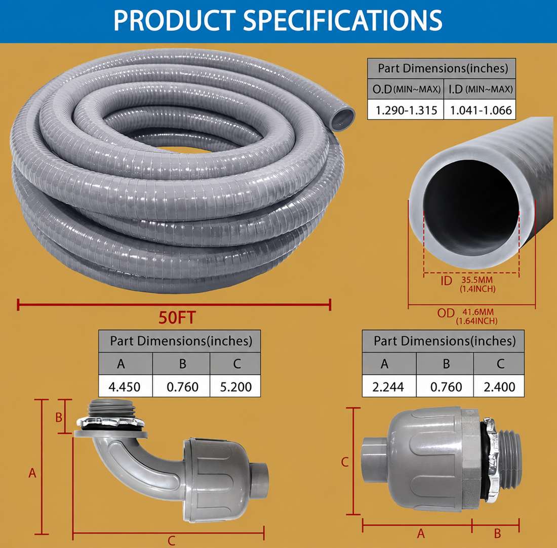 50-foot liquid-tight flexible conduit product specifications showing conduit inner and outer diameter, straight connector dimensions, and 90-degree fitting measurements.