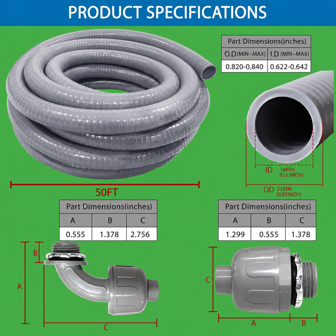 50-foot liquid-tight flexible conduit product specifications showing conduit inner and outer diameter, straight connector dimensions, and 90-degree fitting measurements.