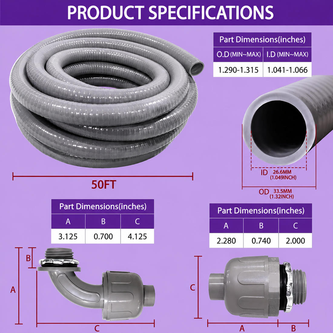 50-foot liquid-tight flexible conduit product specifications showing conduit inner and outer diameter, straight connector dimensions, and 90-degree fitting measurements.