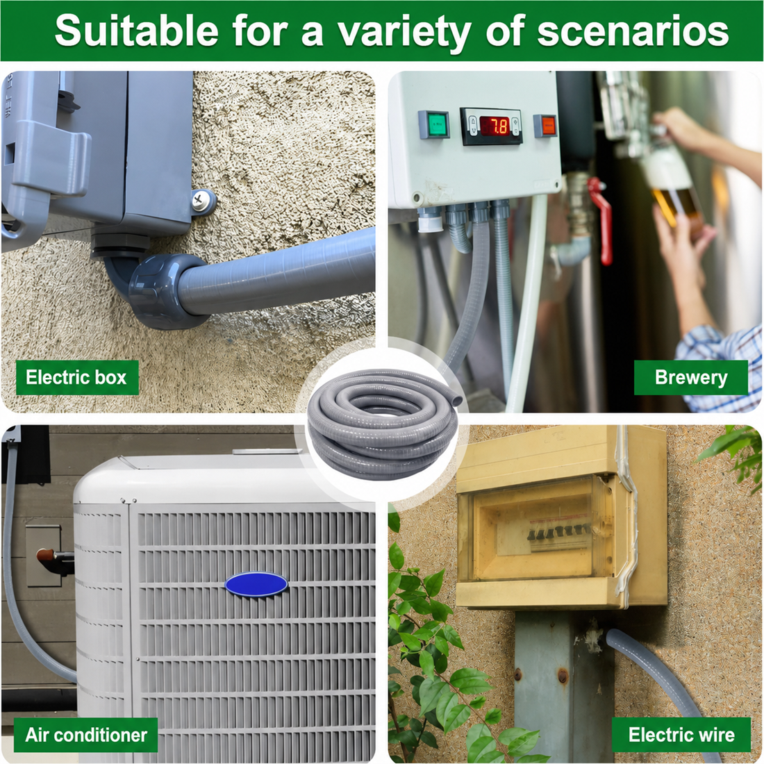 Liquid-tight flexible conduit applications for electrical boxes, breweries, air conditioners, and outdoor electrical wiring.