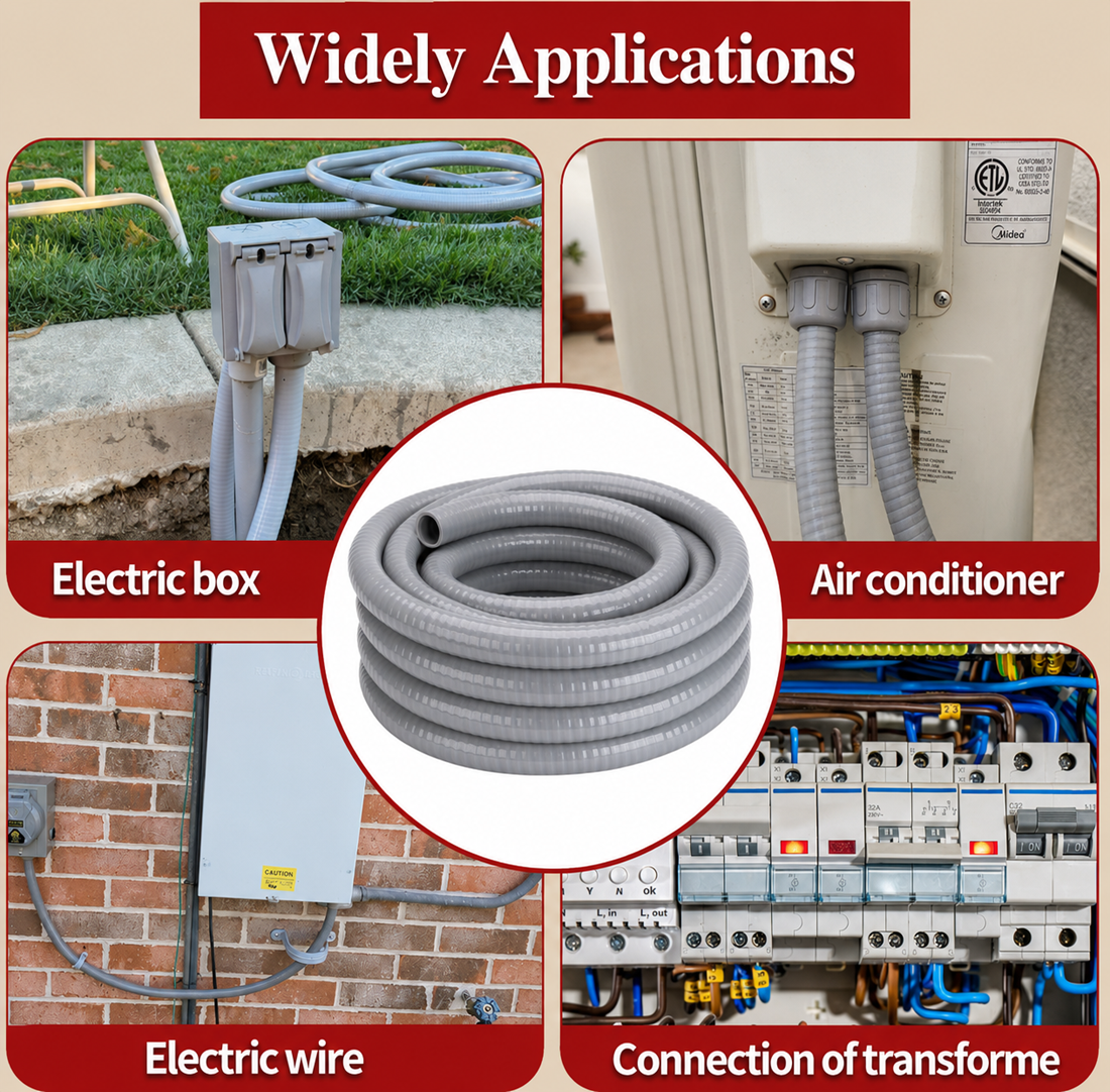 Liquid-tight flexible conduit applications for electrical boxes, air conditioners, electrical wiring, and transformer connections.