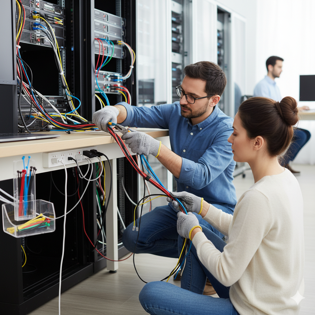 Network technicians organizing and securing color-coded cables in a server rack with zip ties
