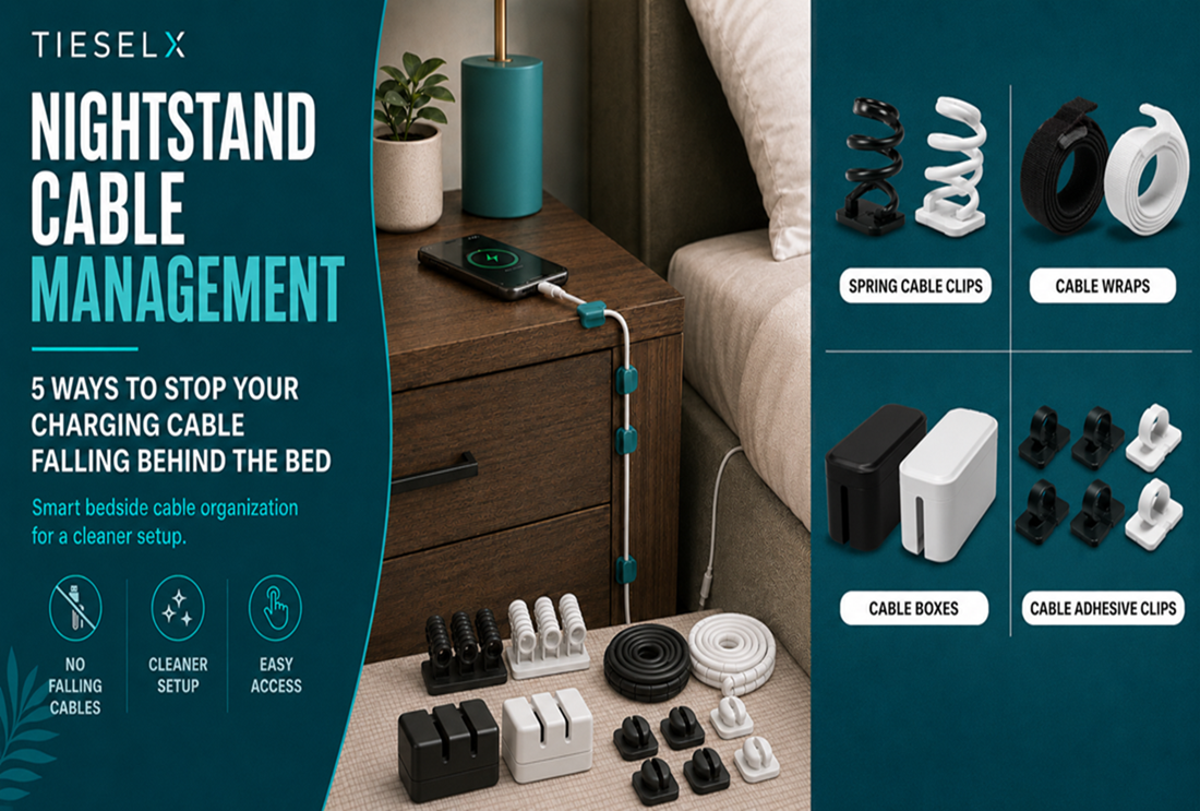 Nightstand cable management banner showing spring cable clips, cable wraps, cable boxes, and adhesive clips