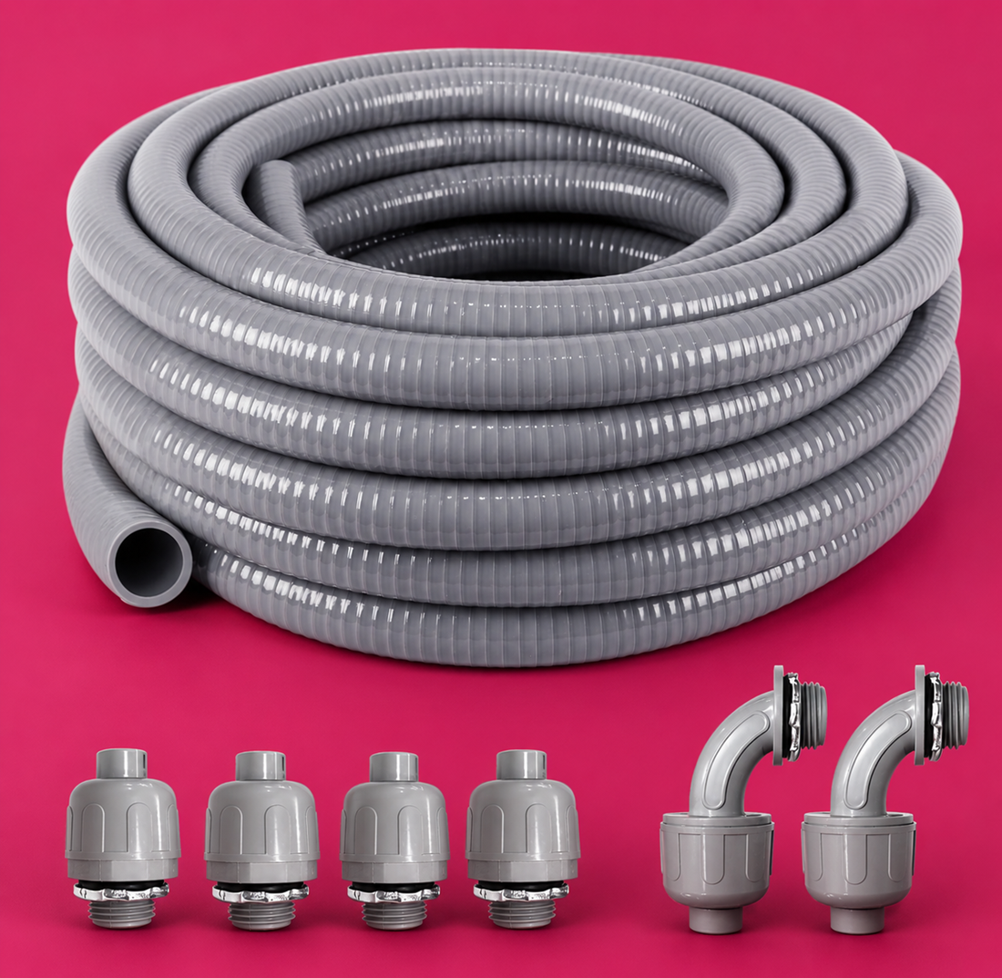 Gray non-metallic liquid-tight flexible conduit kit with straight and 90-degree fittings on a magenta background.