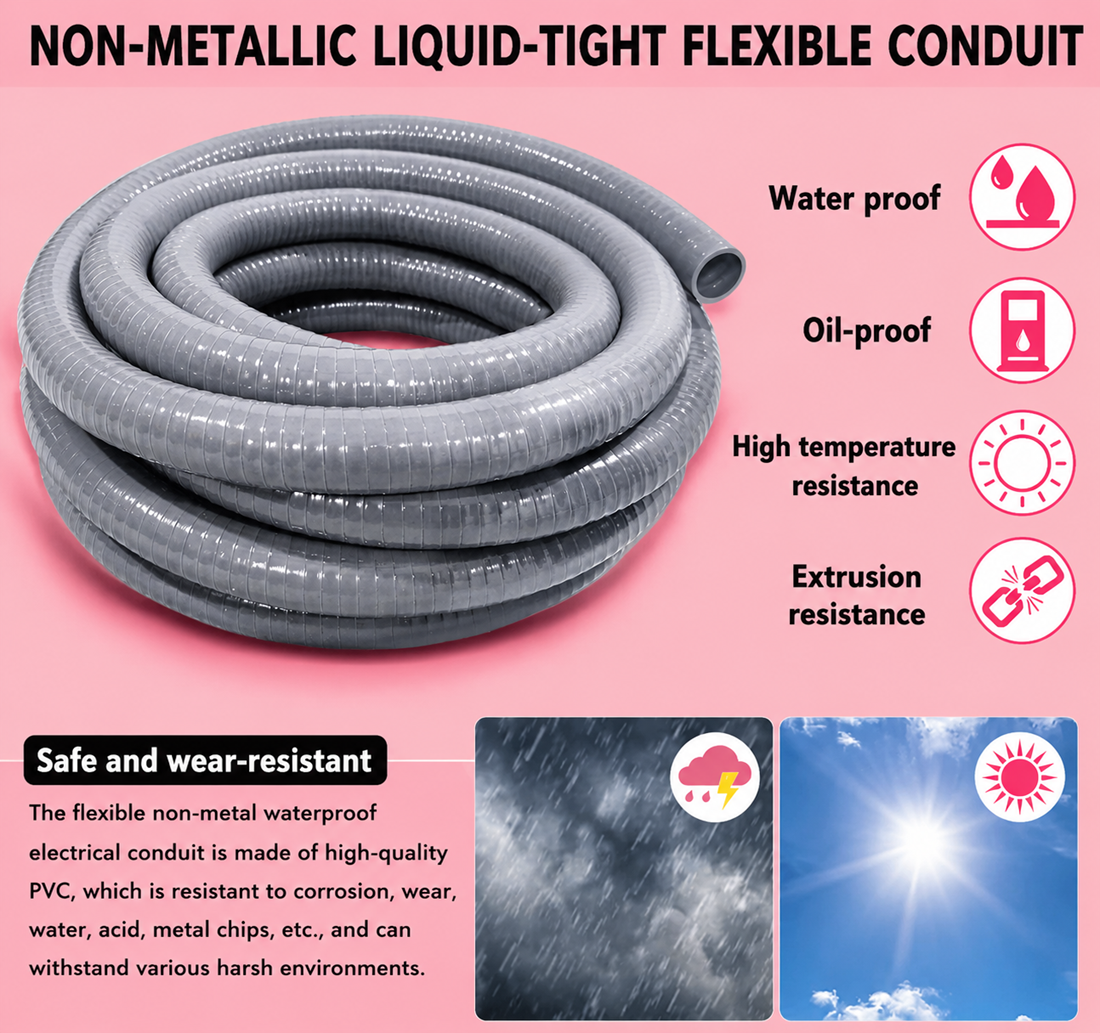 Non-metallic liquid-tight flexible PVC conduit highlighting waterproof, oil-resistant, high-temperature, and wear-resistant performance.