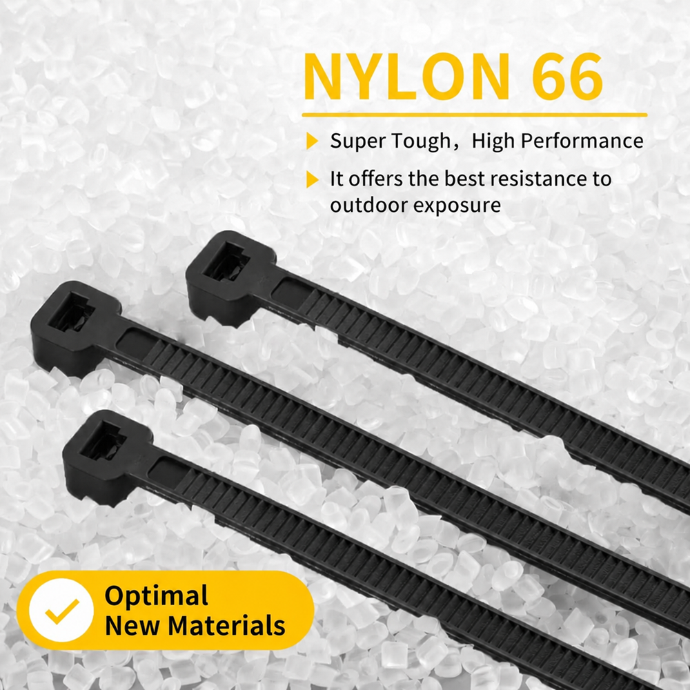 Black heavy-duty cable ties made from Nylon 66 material, UV and heat resistant, displayed in a clean product advertisement banner highlighting strength, durability, and outdoor usability.