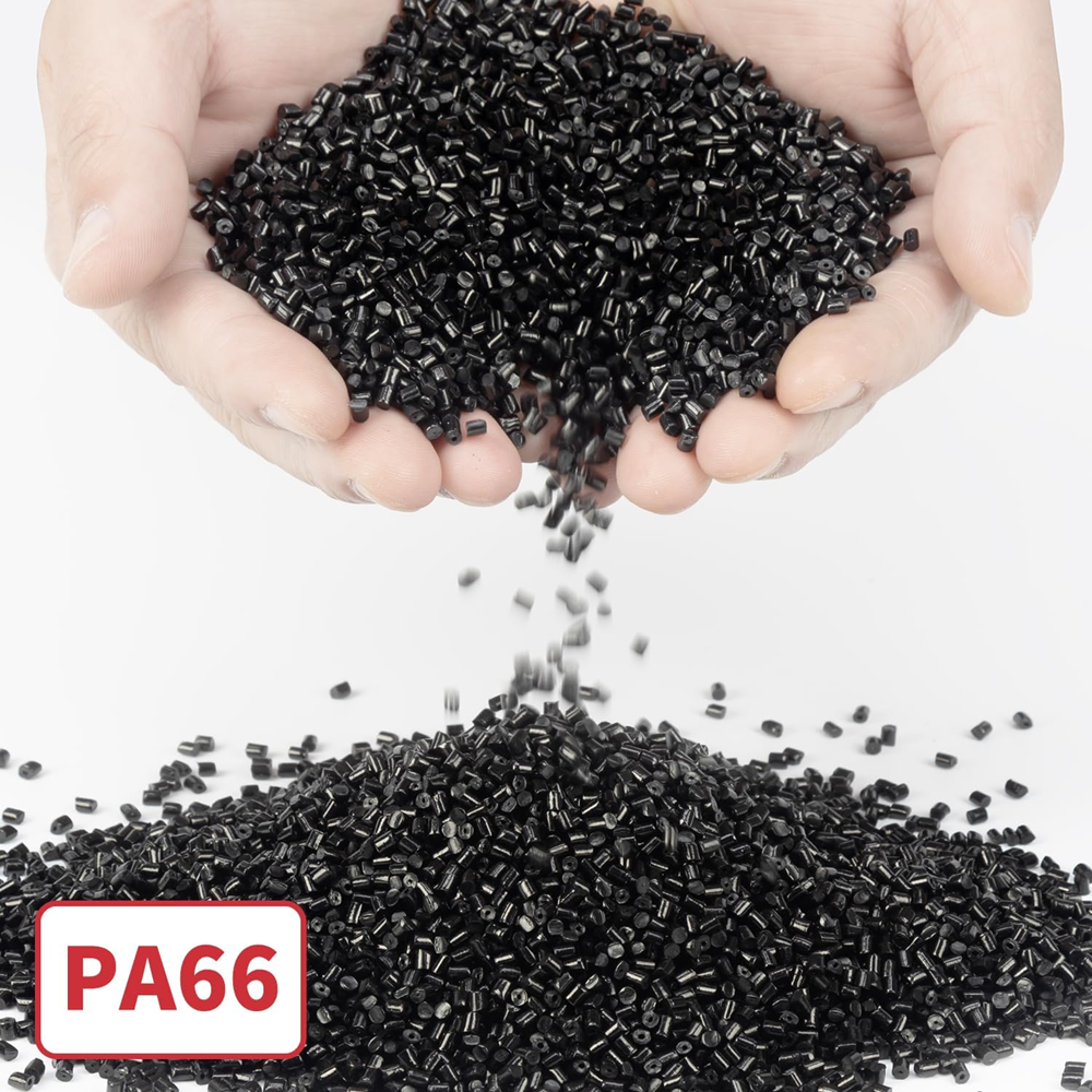 Nylon 66 (PA66) raw material pellets held in hands, used for manufacturing heavy-duty zip ties, showing high-strength polyamide granules suitable for durable, UV and heat-resistant cable tie production.