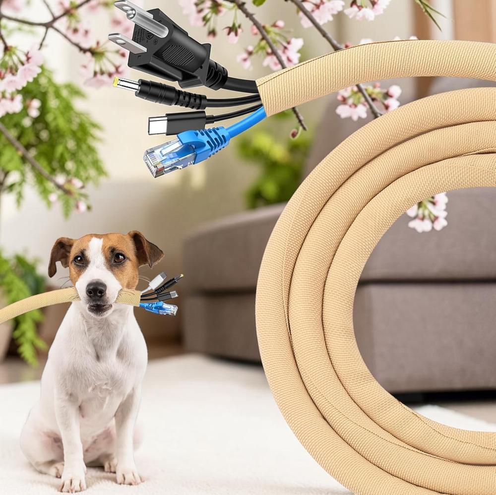 Pet-friendly cable management sleeve protecting wires from pets with organized connectors and braided wire cover in a home setting.