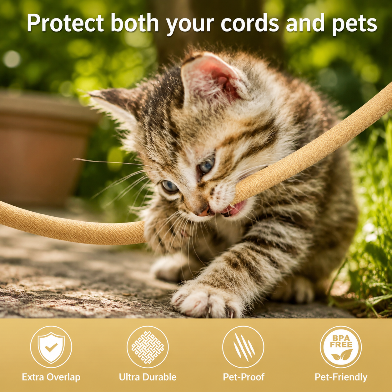 Pet-proof cable management sleeve protecting cords from a kitten with durable overlap, ultra-durable, and pet-friendly wire protection features.