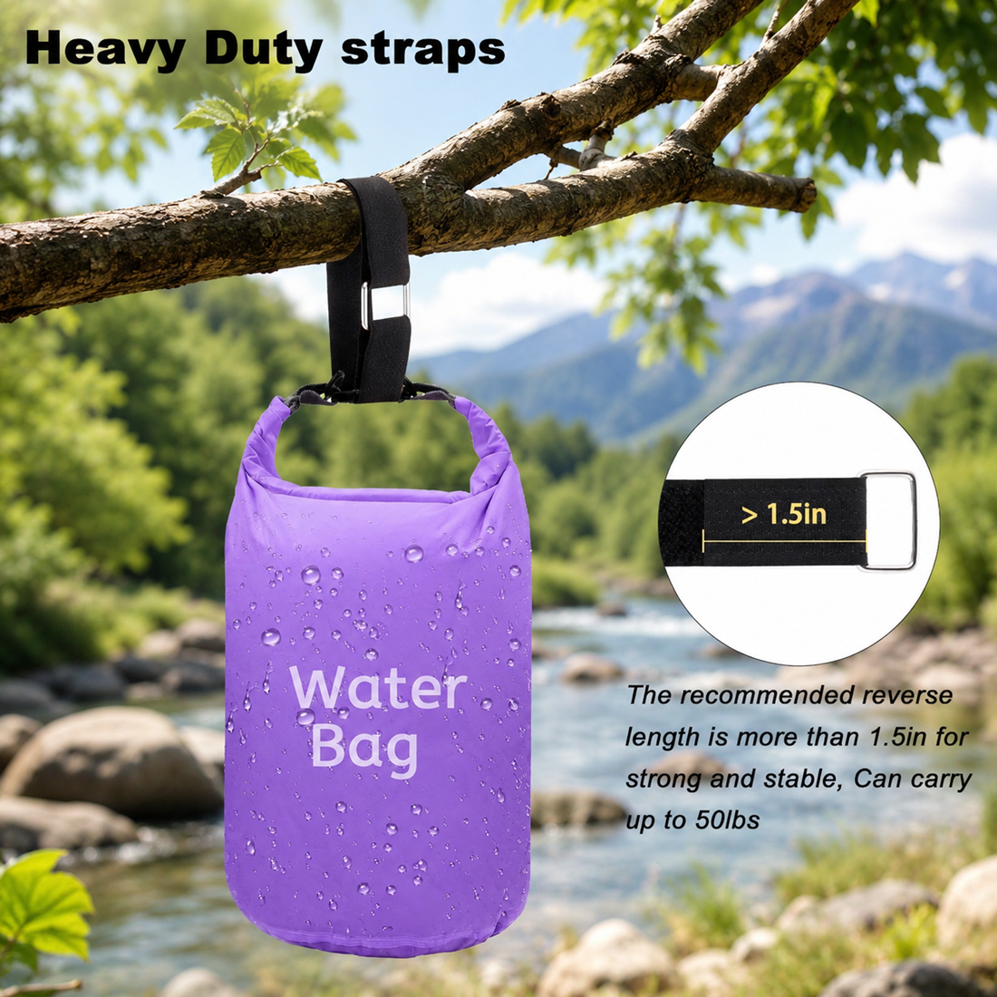 Hook and loop straps securing a purple water bag, displayed in a natural outdoor setting with greenery in the background, highlighting durability and stability.