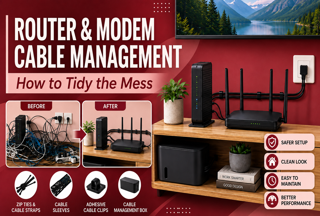 Featured image showing router and modem cable management with before-and-after organization, cable accessories, and a tidy setup on a crimson and blush background.