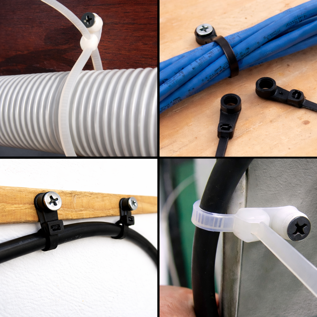Screw mount cable ties with mounting holes for securing wires to walls and panels