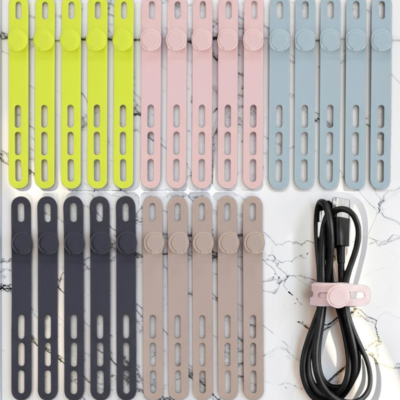 TIESELX reusable silicone cable ties with locking buckle, stretchable cord organizer straps