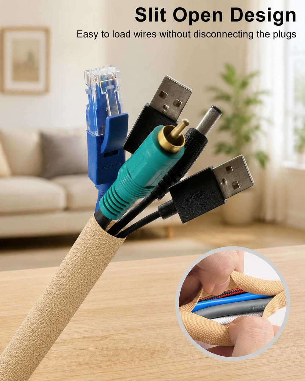 Slit open design cable sleeve allowing easy wire installation without disconnecting plugs, featuring braided cable protection and flexible wire organization for home and office use.