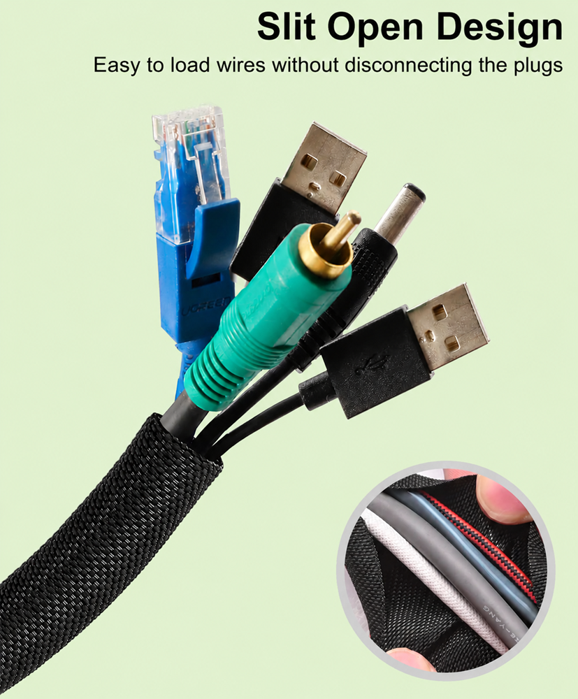 Slit open design cable sleeve for easy wire installation without unplugging cables, featuring durable braided cord protection and flexible wire management.