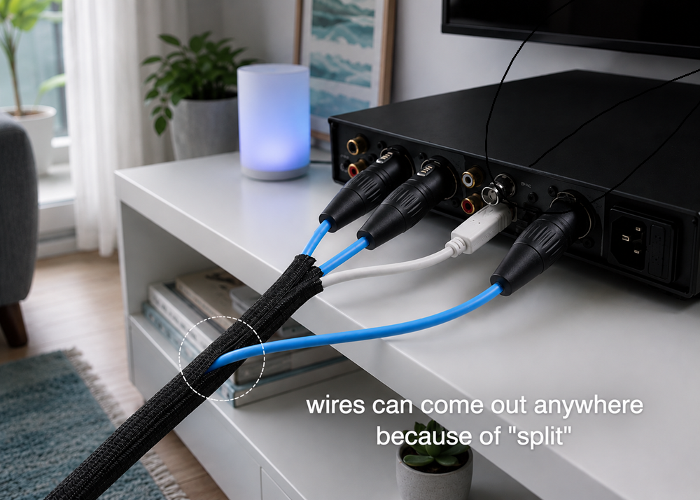 Split braided cable sleeve organizing audio, video, and power cables behind a home entertainment system for neat and protected cable management.