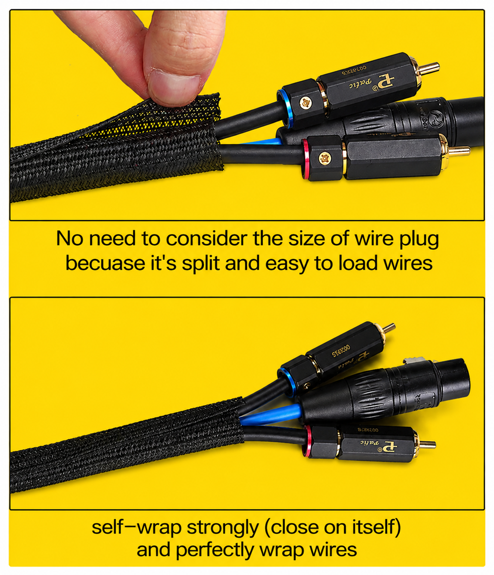 Split self-closing braided cable sleeve wrapping multiple cables for easy wire installation, cable organization, and flexible cable management.
