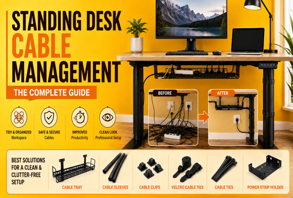 Standing desk cable management setup with a cable tray, sleeves, clips, ties, and power strip holder for a clean and organized workspace