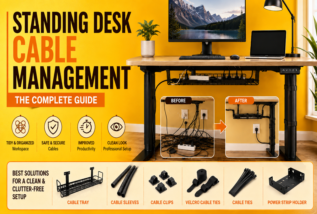 Standing desk cable management setup with a cable tray, sleeves, clips, ties, and power strip holder for a clean and organized workspace