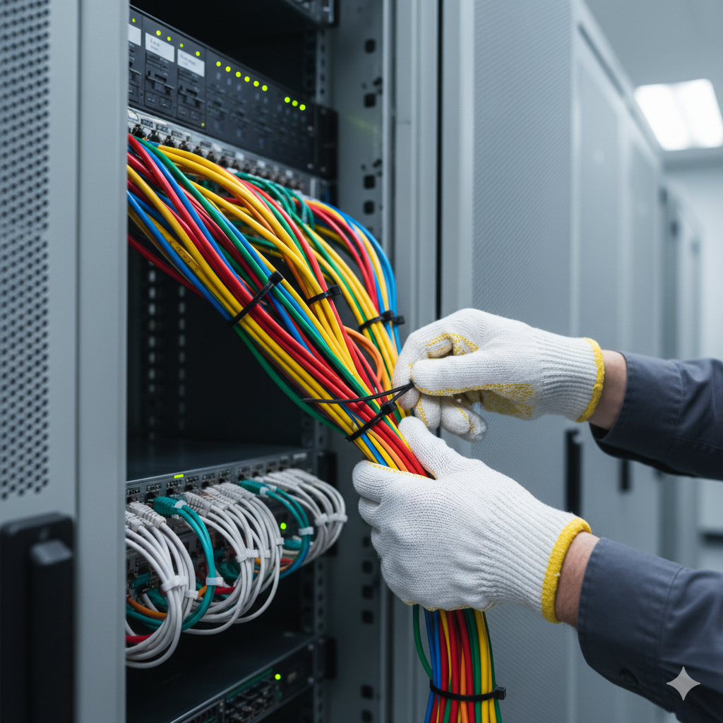Technician wearing gloves securing multicolored network cables with black zip ties inside a server rack.