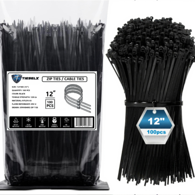 TIESELX 12 inch heavy duty black zip ties 120LB tensile strength 100 pack UV resistant