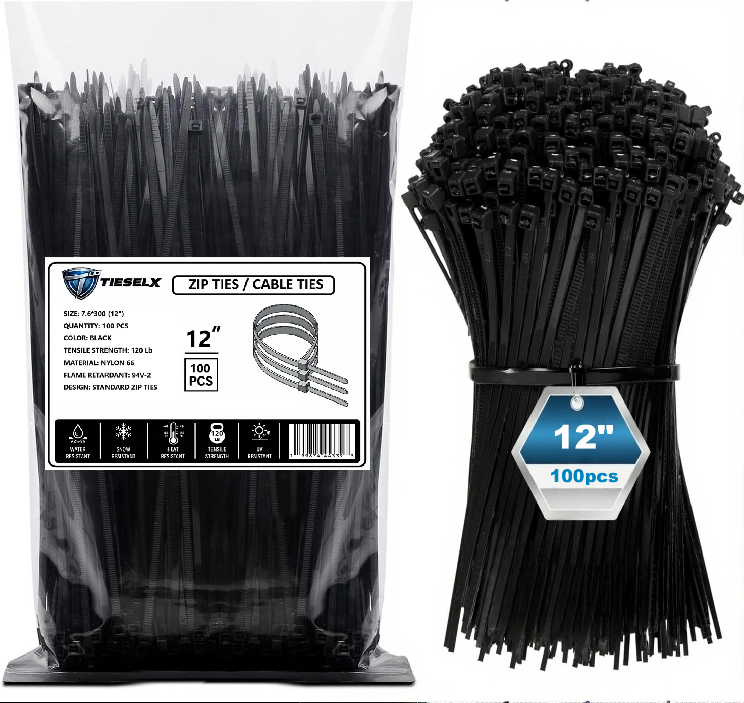 TIESELX 12 inch heavy duty black zip ties 120LB tensile strength 100 pack UV resistant