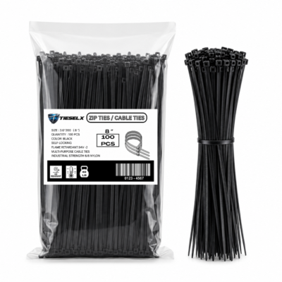 TIESELX 8 inch extra heavy duty black zip ties 100 pack 120LB tensile strength industrial
