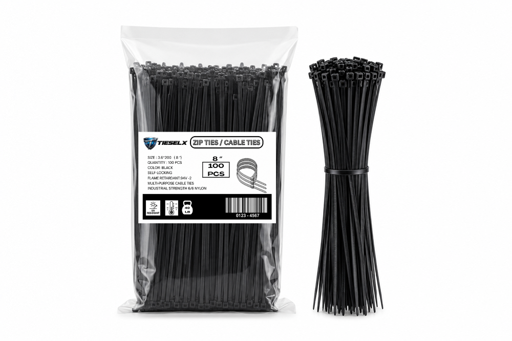 TIESELX 8 inch extra heavy duty black zip ties 100 pack 120LB tensile strength industrial