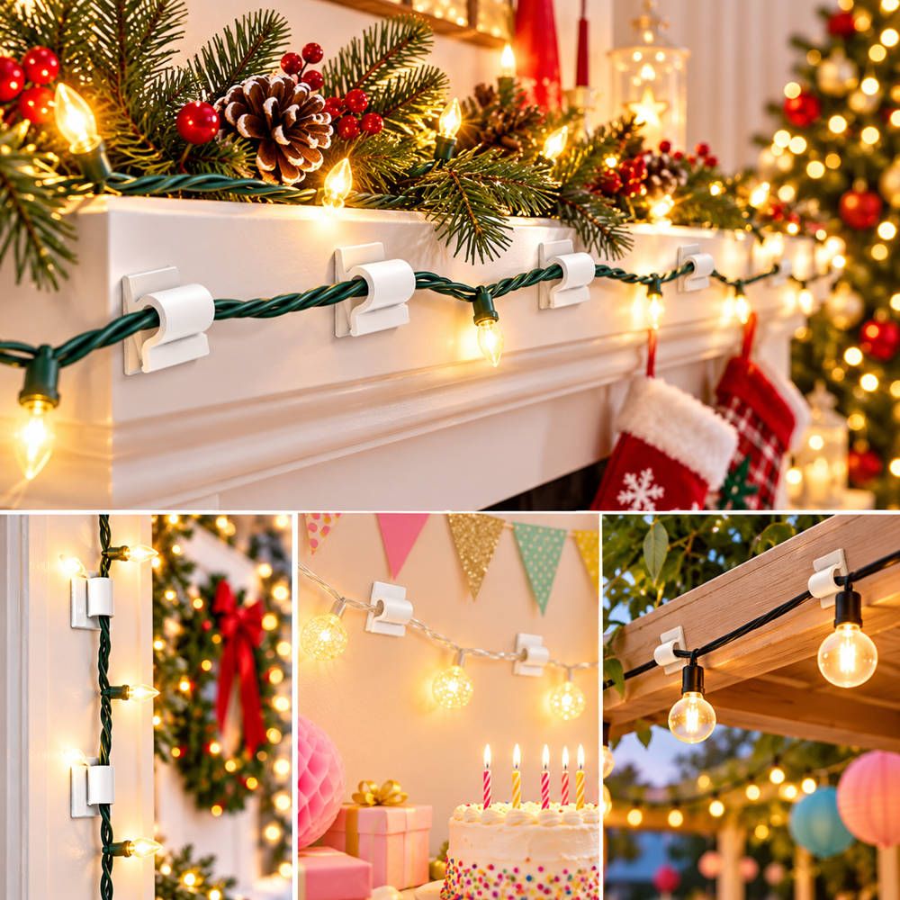 White adhesive cable clips securing Christmas string lights along a decorated mantel, doorway and outdoor wooden beam, with additional decorative lighting for a birthday party.