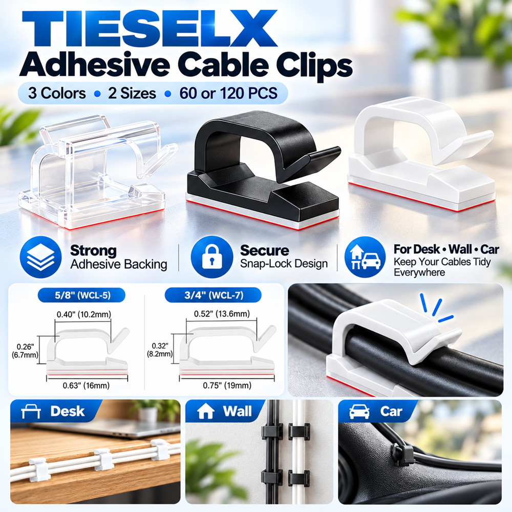 TIESELX adhesive cable clips in clear, black and white, featuring 5/8-inch and 3/4-inch sizes, snap-lock design, and cable organization for desks, walls and cars.