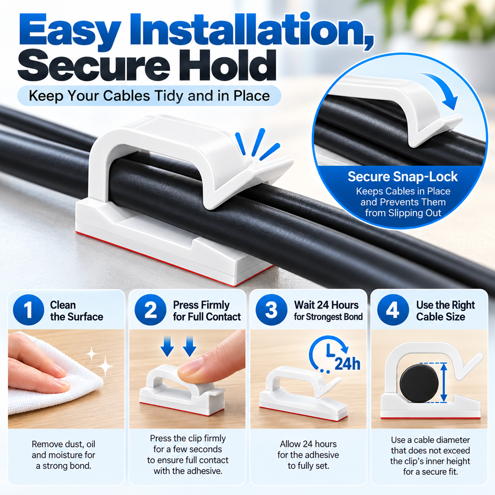 TIESELX self-adhesive cable clips with secure snap-lock design, showing four installation steps: clean the surface, press firmly, wait 24 hours and insert a properly sized cable.