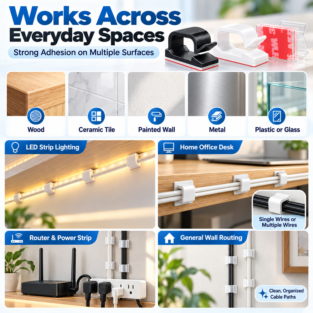 TIESELX adhesive cable clips in clear, black and white, showing cable organization on wood, ceramic tile, painted walls, metal and glass, with applications for LED lighting, desks, routers and power cords.