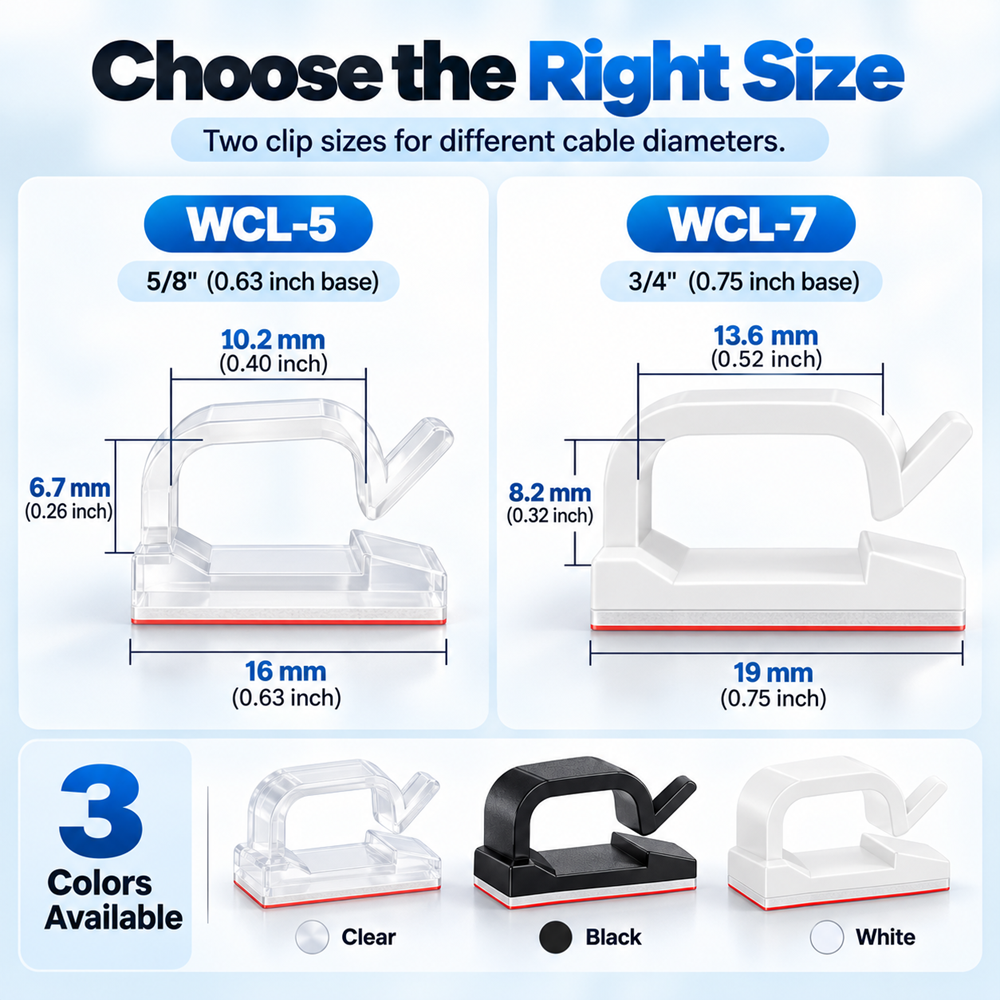 TIESELX adhesive cable clips size comparison showing 5/8-inch WCL-5 and 3/4-inch WCL-7 clips with detailed dimensions in millimeters and inches, available in clear, black and white.