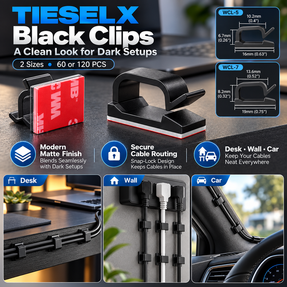 TIESELX black adhesive cable clips in 5/8-inch and 3/4-inch sizes, featuring matte finish, snap-lock cable holders, and organized wiring for desks, walls and cars.