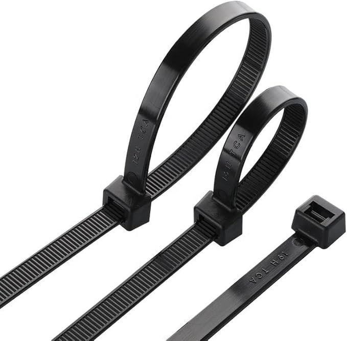 Heavy-duty black nylon zip ties bundled together, 120 LB tensile strength rating