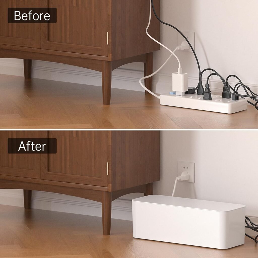 TIESELX Cable Management Box before and after - messy cords vs organized power strip