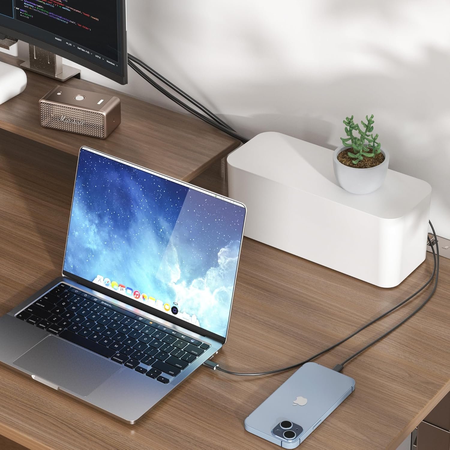 TIESELX Cable Management Box on desk with laptop - clean cord organization for home office