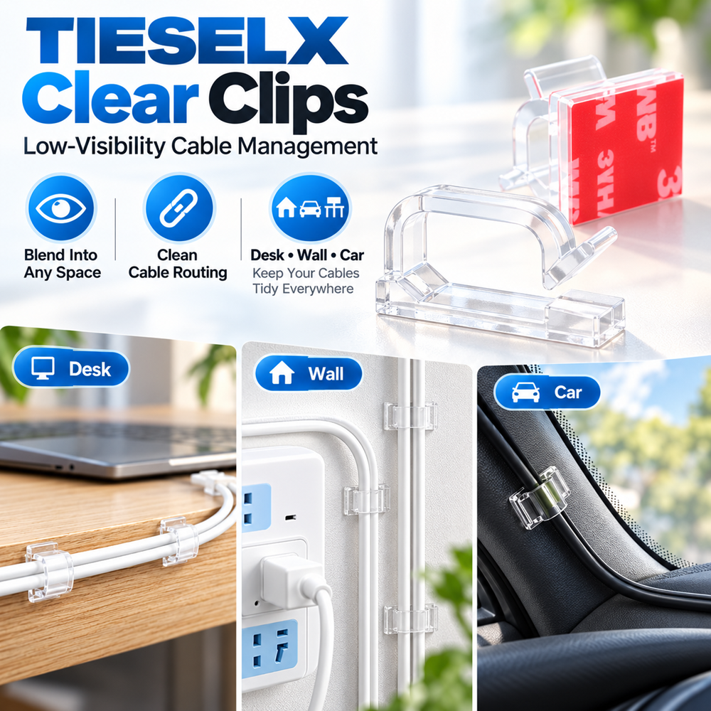 TIESELX clear adhesive cable clips with transparent snap-lock design, showing discreet cable management for charging cords on desks, wall-mounted wires and car interiors.