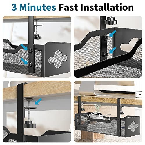 TIESELX Metal Mesh Cable Tray Mounted Under Standing Desk - Clean Home Office Workspace Setup