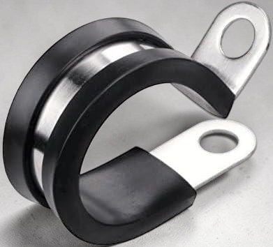 Single TIESELX rubber-lined stainless steel cable clamp for securing cables, pipes, and hoses in automotive, marine, electrical, and industrial applications.