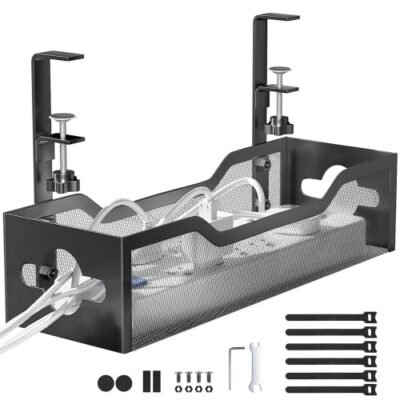 TIESELX under desk cable management tray, no-drill metal mesh cord organizer with clamp mount