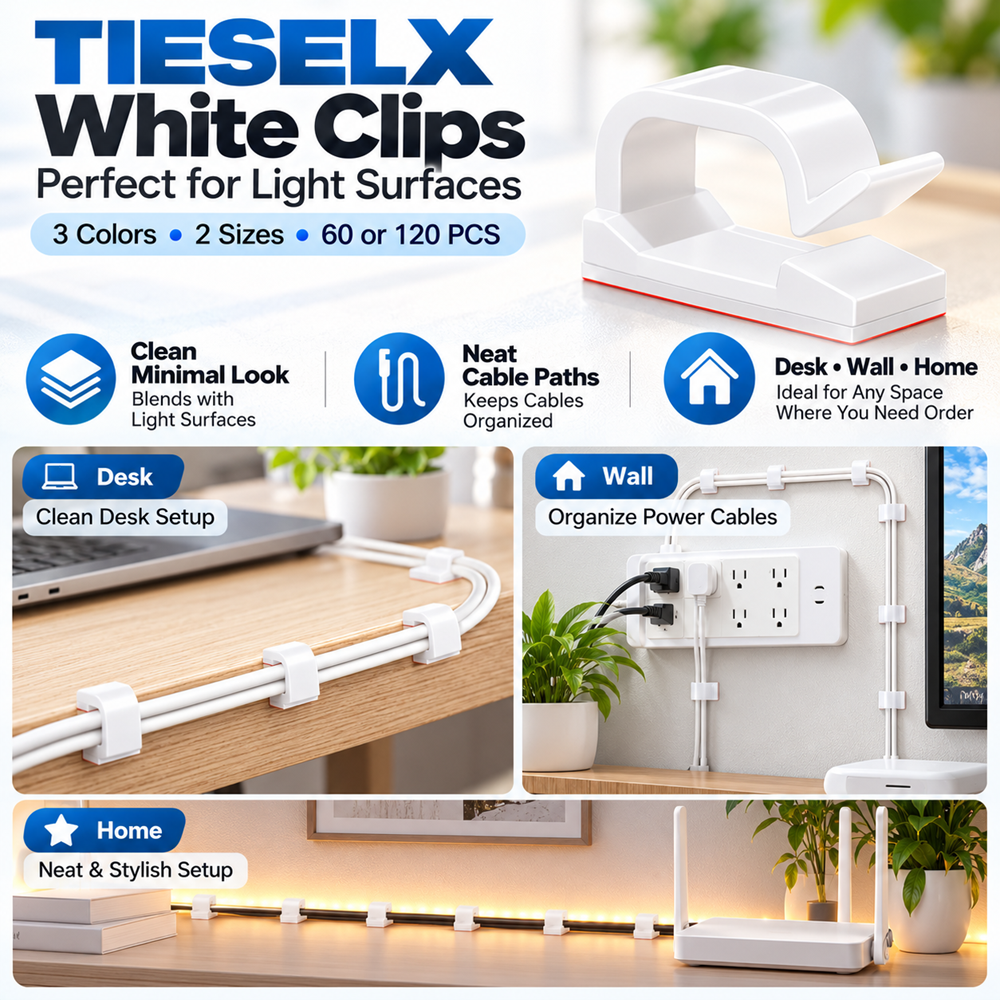 TIESELX white adhesive cable clips with snap-lock design, organizing charging cords, power cables and LED lighting wires along desks, walls and home furniture.