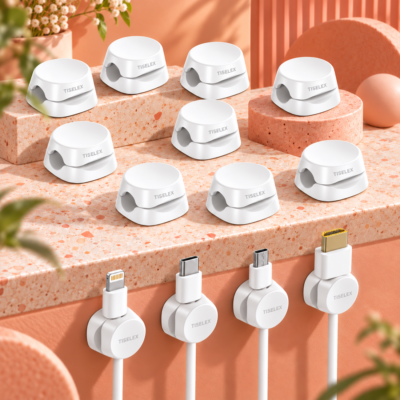 TISELEX 12-pack white cable organizer clips displayed on peach terrazzo platforms, featuring eight standalone cable holders and four clips securing Lightning, USB-C, Micro-USB, and HDMI cables. Compact cable management solution for organizing desks and workspaces.