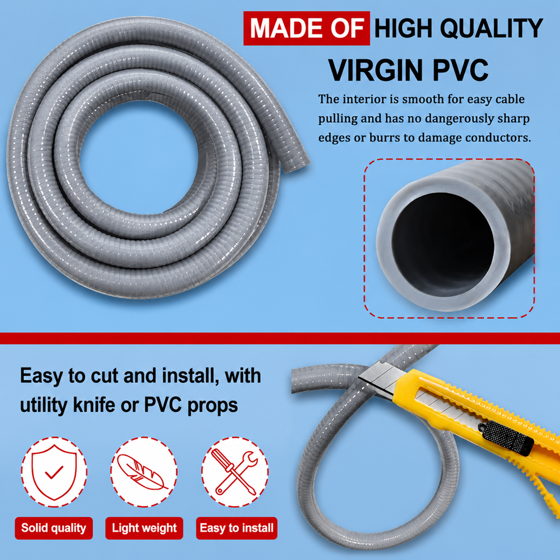 High-quality virgin PVC liquid-tight flexible conduit with smooth interior, easy-cut installation, and lightweight durable construction.
