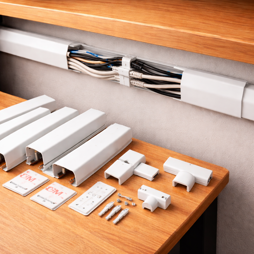 Wall-mounted cable raceway management kit with connector fittings laid out on a wooden desk