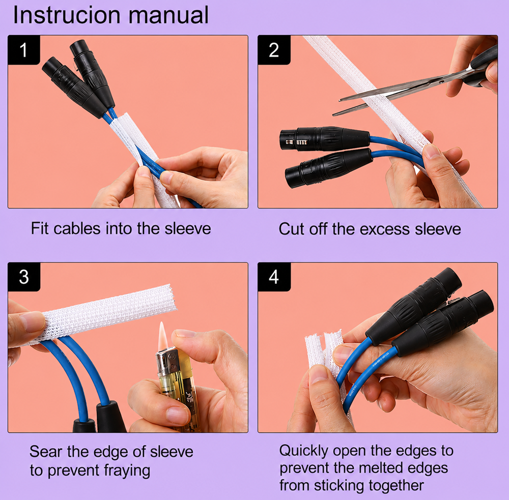 Step-by-step guide showing how to install, trim, heat seal, and finish a white braided cable sleeve for secure cable management and fray prevention.