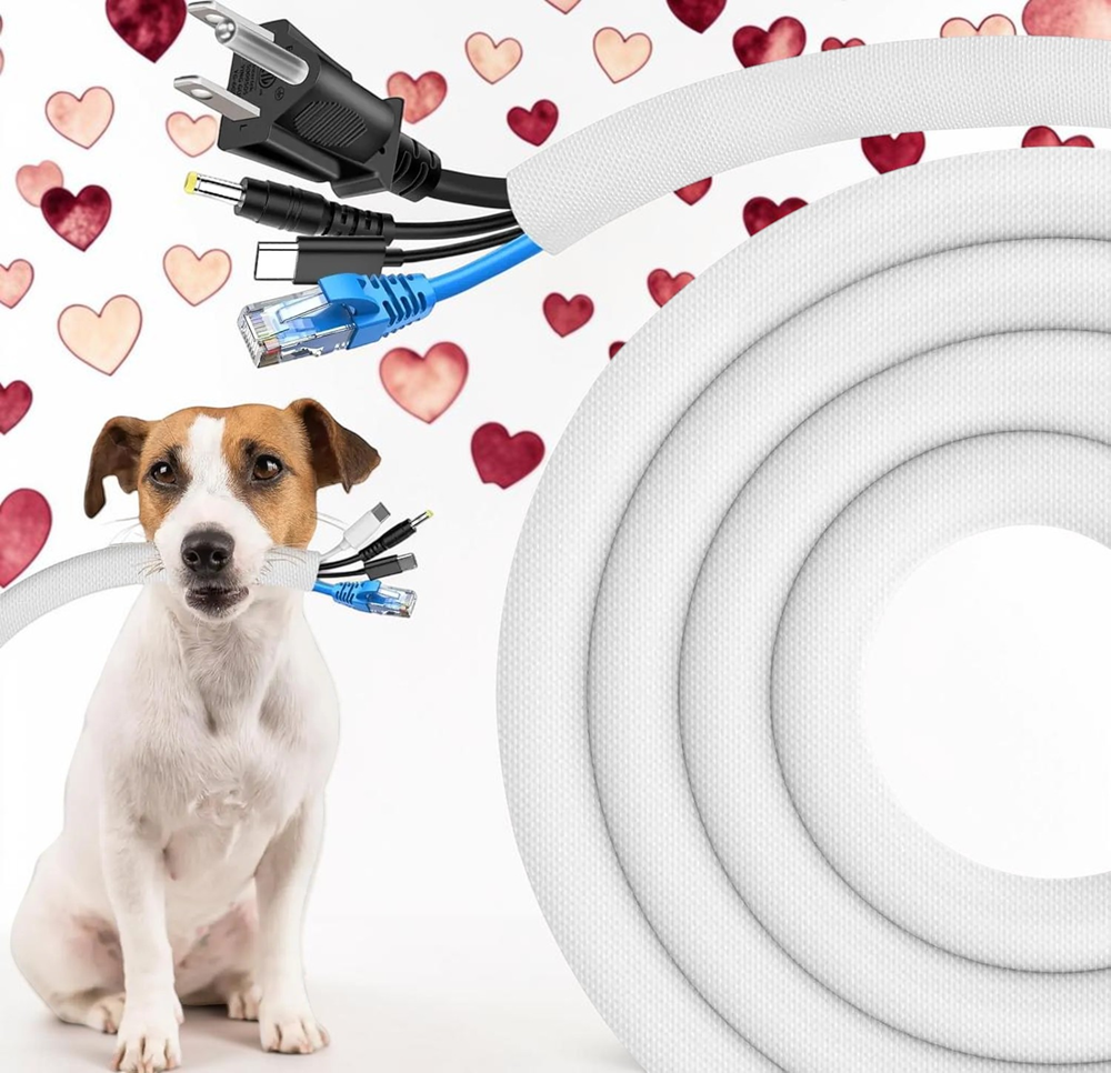 White braided cable sleeve cord protector with dog and cable management design, showing pet-friendly wire protection for preventing cable damage and organizing home electronics.