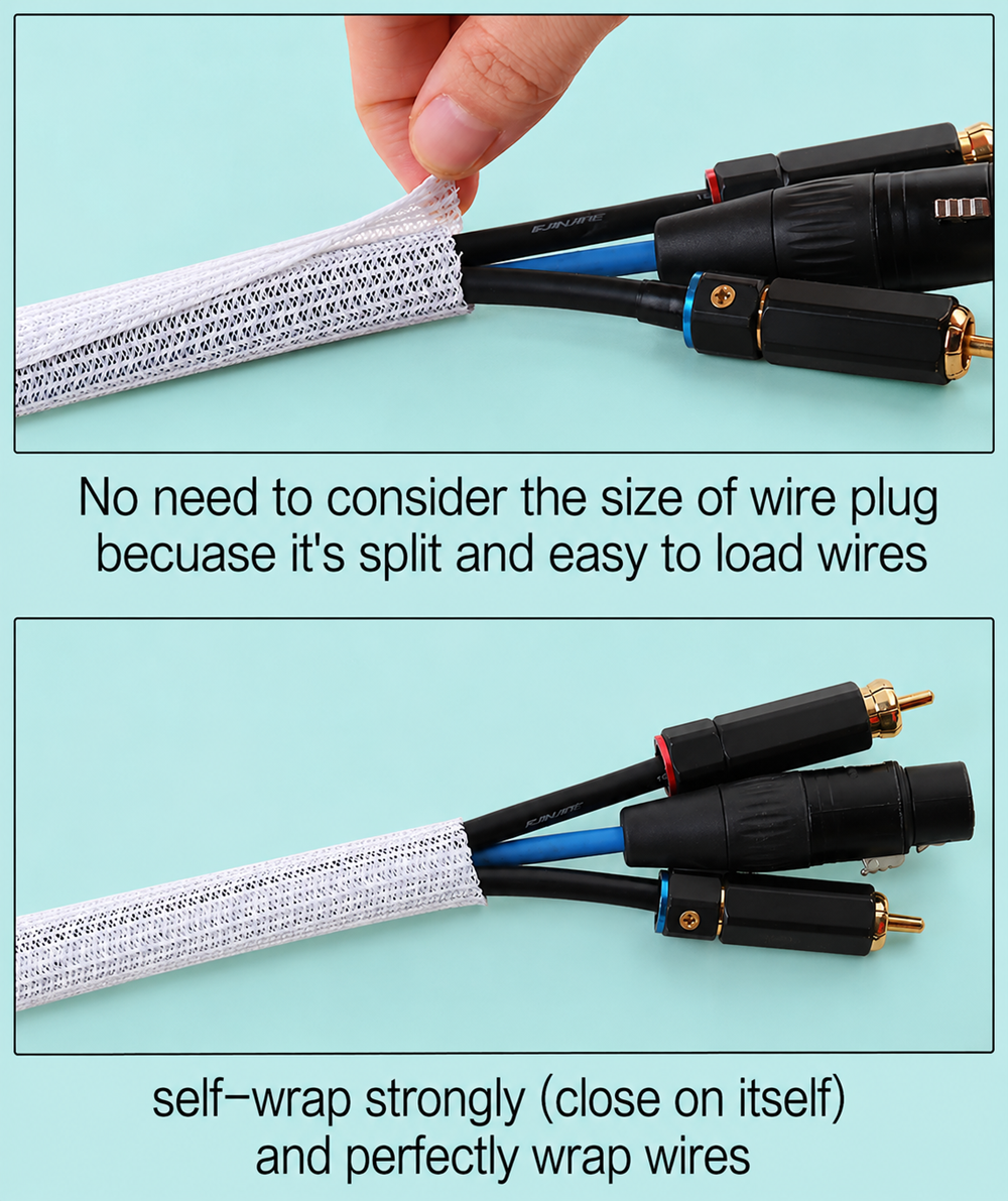 White split braided cable sleeve with self-closing design for easy cable installation, flexible wire organization, and secure cable protection.