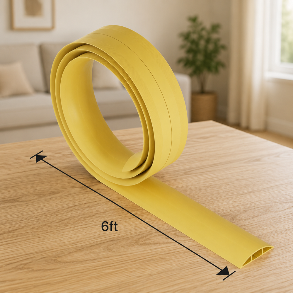 Yellow 6ft cord cover cable protector with length measurement on wooden table in home setting, stylish floor cable management solution for hiding and protecting wires